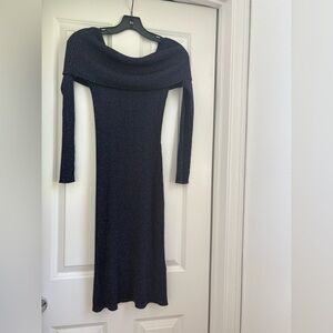 BCBGMaxAzria Navy Off-Shoulder Ribbed Knit Midi Dress